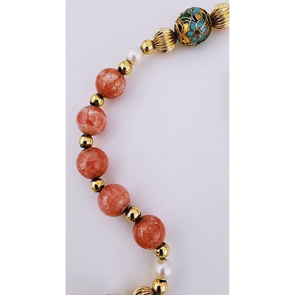 Vintage 14k Gold Rhodochrosite Pearl Cloisonne Bead Necklace Estate 585 Stamped
